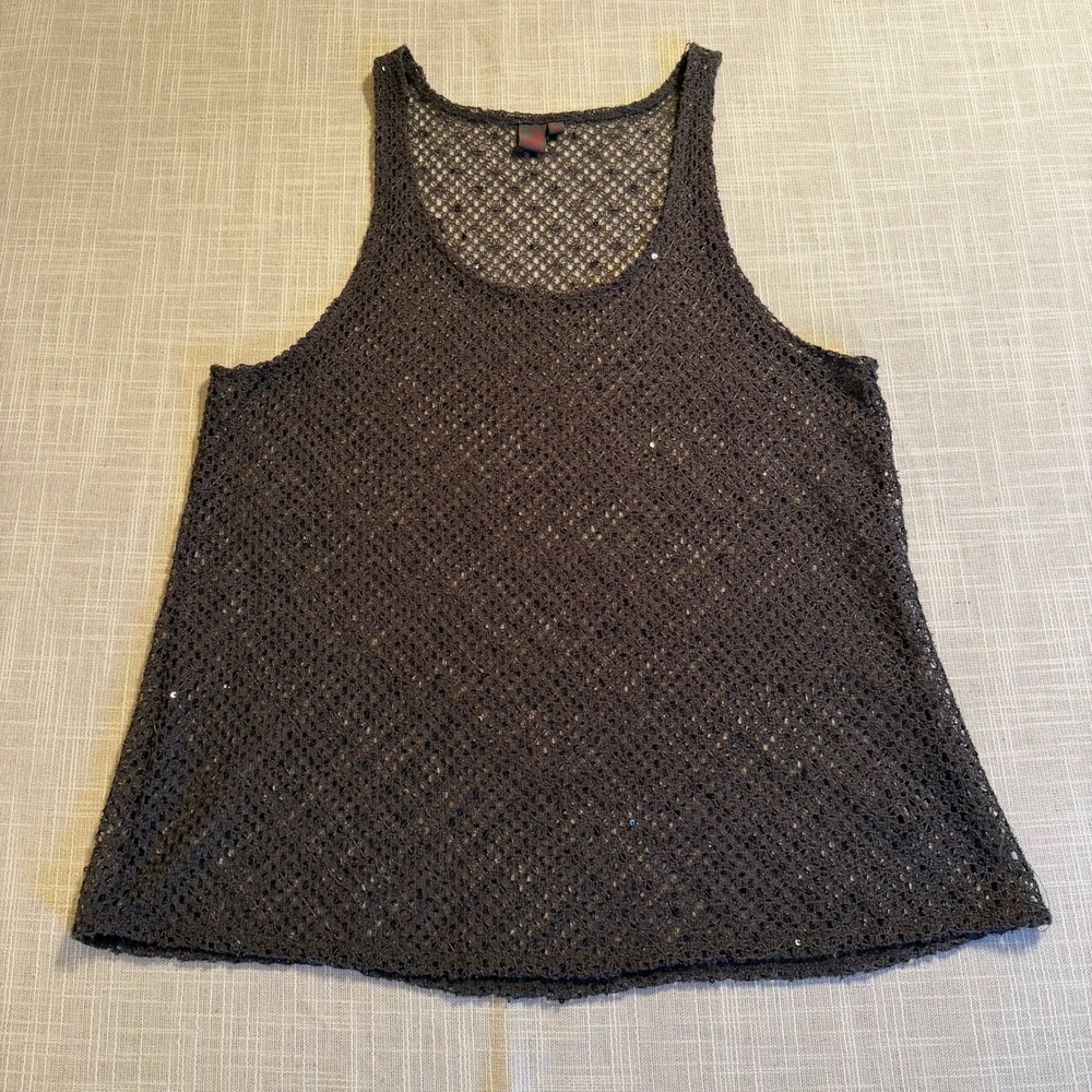 My Pretty Angel Women XL Charcoal Open Knit Sequin Crochet Tank Top Linen
